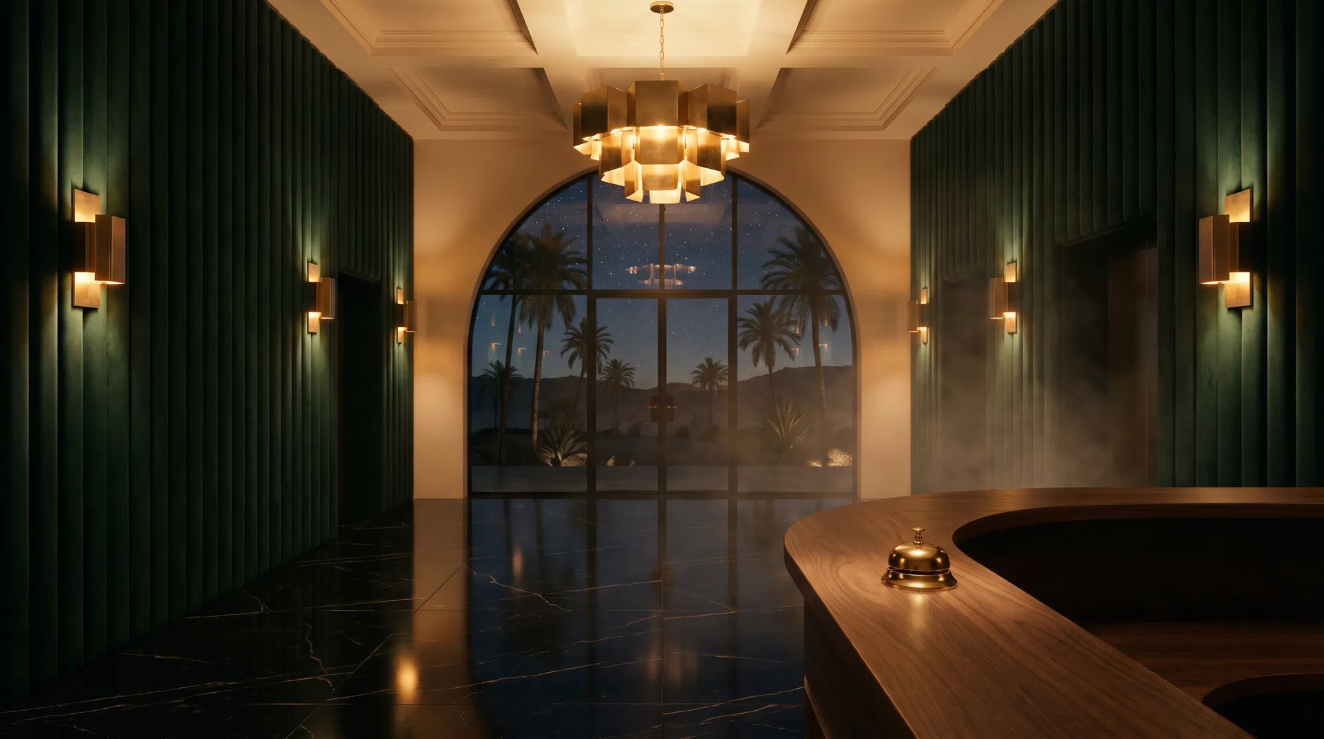 A luxurious dark hotel lobby in Palm Springs at night